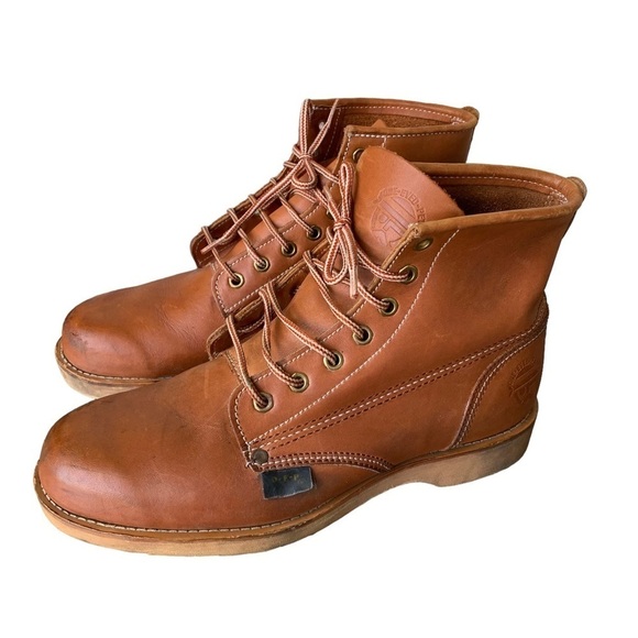 Vintage One Eyed Pete Men’s Brown Leather Work Boots Workwear Garage - Picture 1 of 15